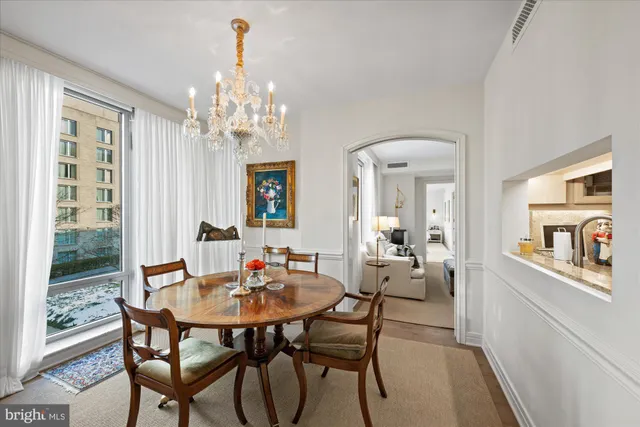 a view of a dining room with furniture window and outside view