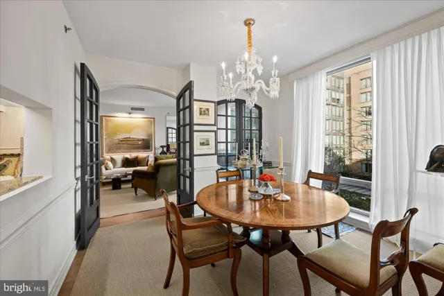 a view of a dining room with furniture window and outside view