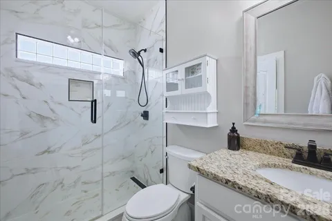 a bathroom with a granite countertop sink toilet and shower
