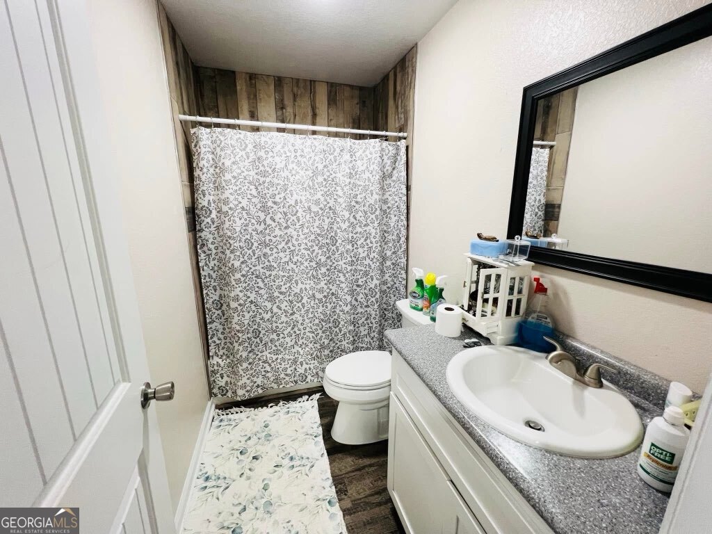 75 Gov Seay Road Collins, GA 30421 - Photo 7 of 7 a bathroom with a sink a toilet a mirror and shower curtain