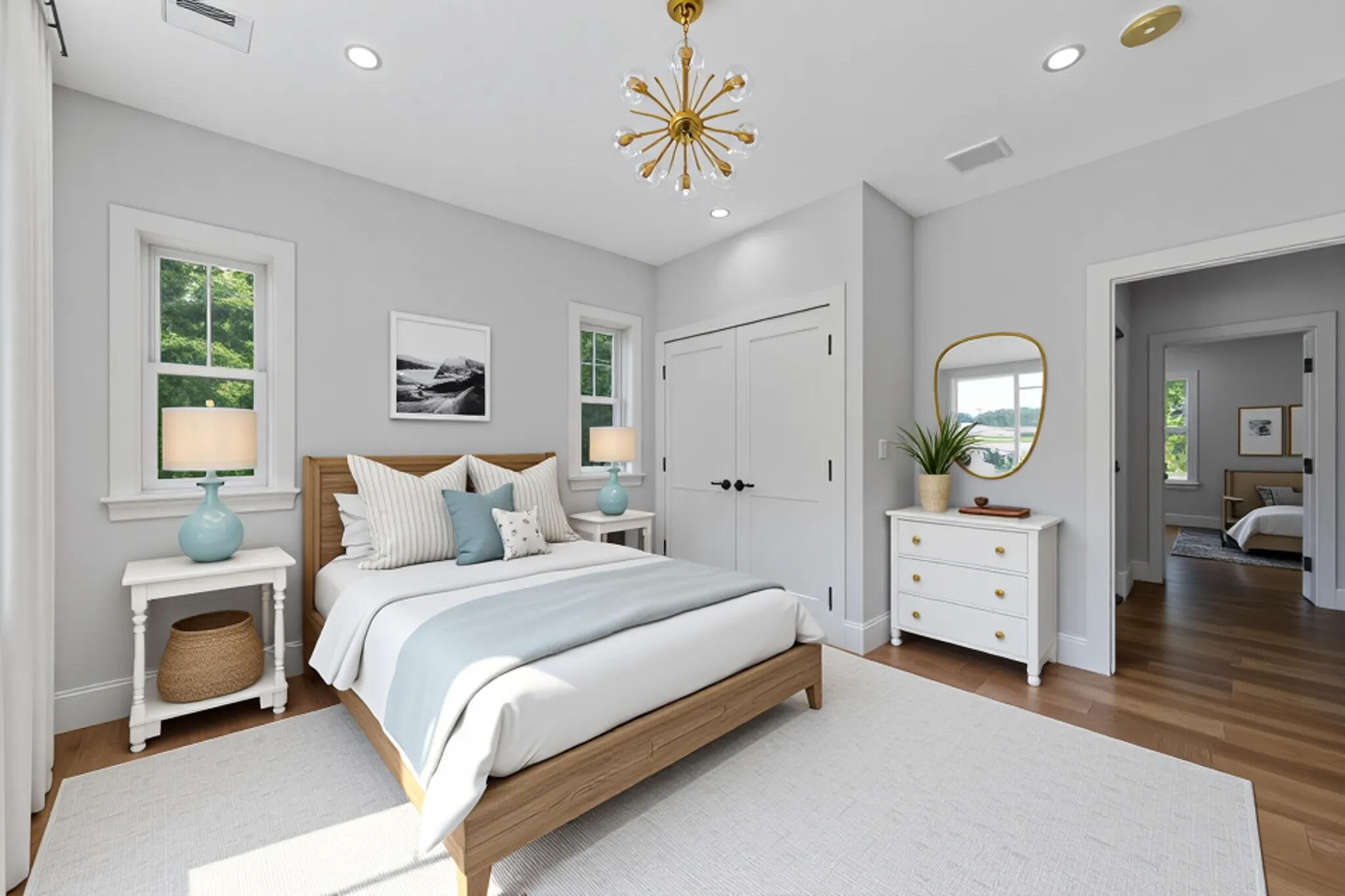 84 Hooppole Road Mashpee, MA 02649 - Photo 36 of 54 a bedroom with a bed and a chandelier