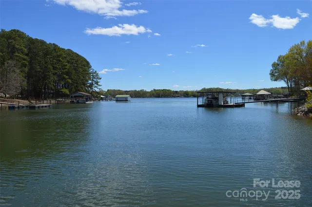 a view of a lake with houses in the background