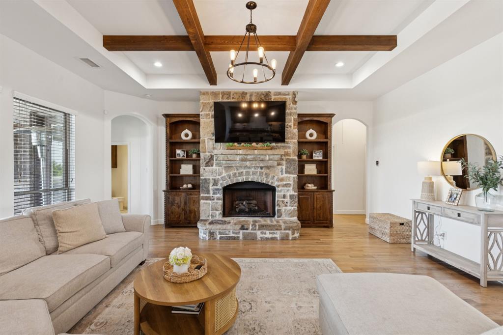 6824 Katie Corral Drive Fort Worth, TX 76126 - Photo 11 of 39 a living room with furniture a fireplace and a large window with garden view