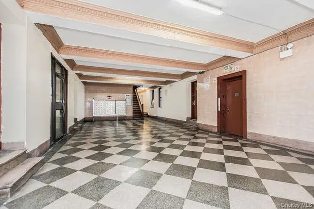 a view of a black and white checkered floor