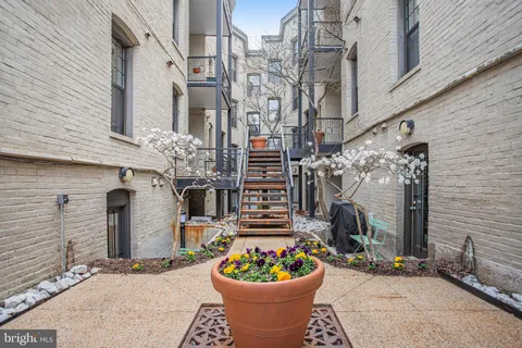 a view of a chair and potted plants in front of a building