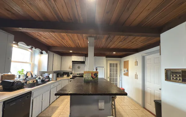 a kitchen with a sink a counter space appliances and cabinets