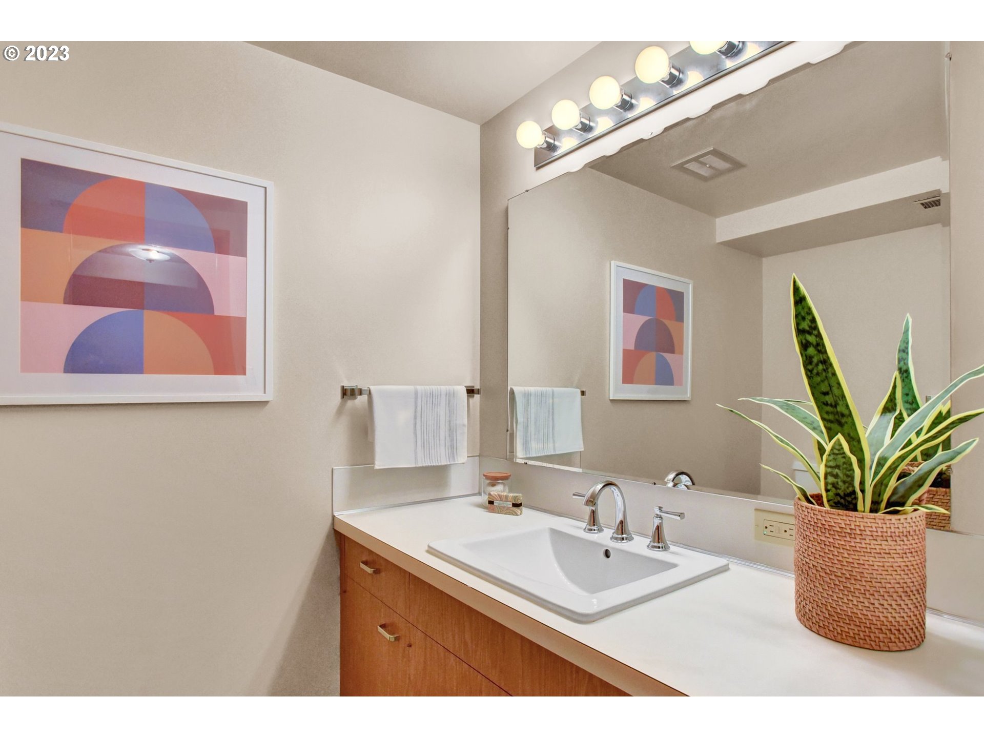 6309 Northeast Hancock Street Portland, OR 97213 - Photo 36 of 43 a bathroom with a sink a mirror and a potted plant