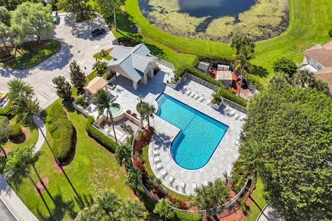 an aerial view of a swimming pool