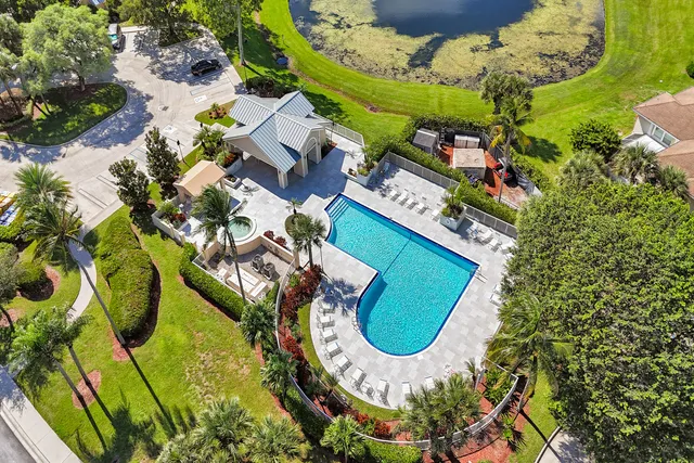 an aerial view of a swimming pool