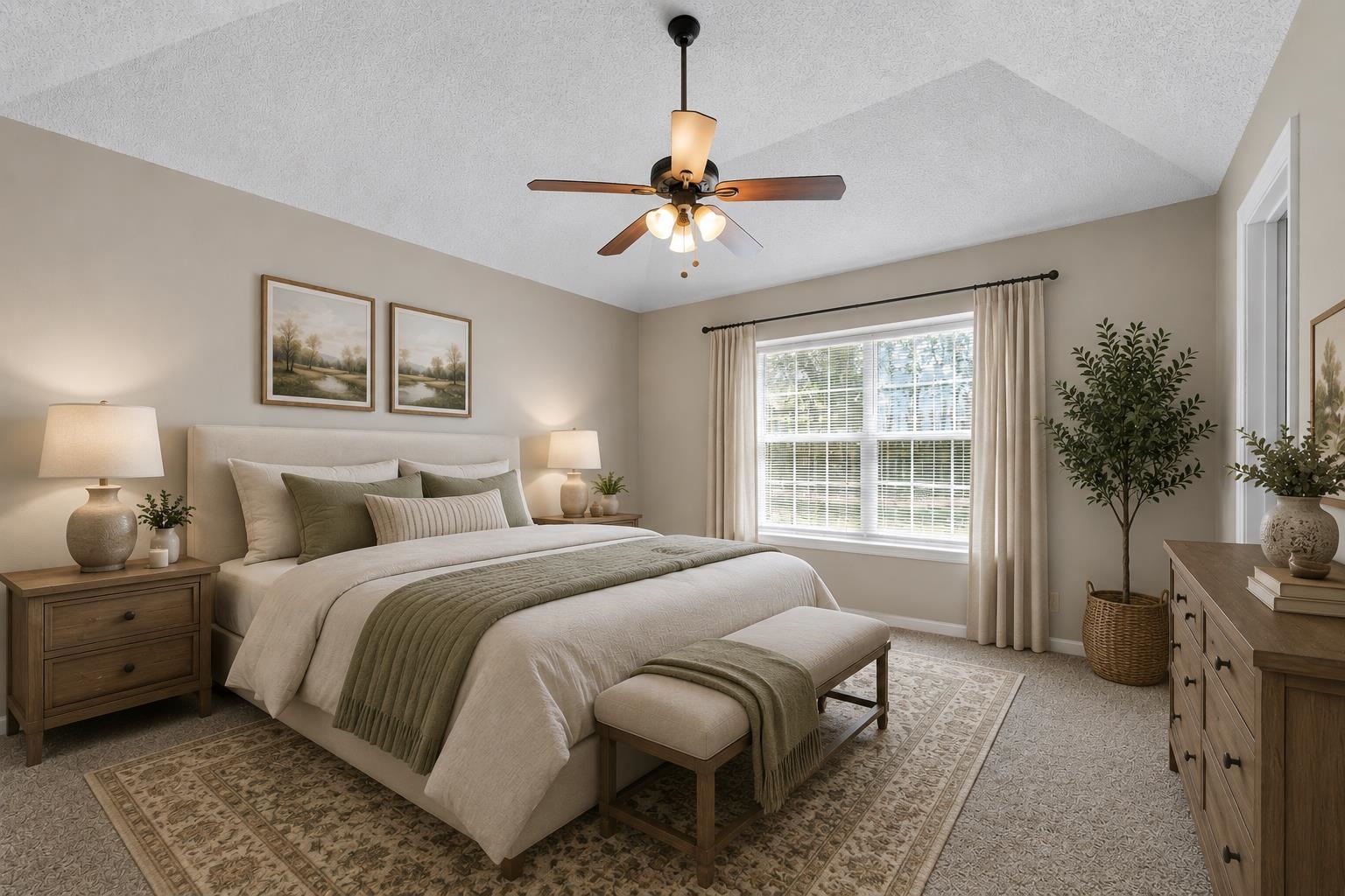 5339 Shady Ridge Cove Memphis, TN 38141 - Photo 14 of 31 The spacious primary suite offers a peaceful retreat with a vaulted ceiling, ceiling fan, soft neutral colors, and plenty of room to unwind at the end of the day.
