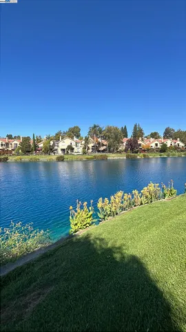 a view of a lake with houses in the back