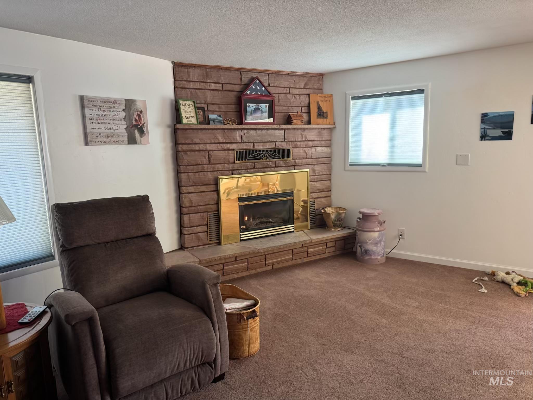 643 South Main Street Cascade, ID 83611 - Photo 13 of 38 Sitting room featuring carpet floors, a textured ceiling, and a stone fireplace