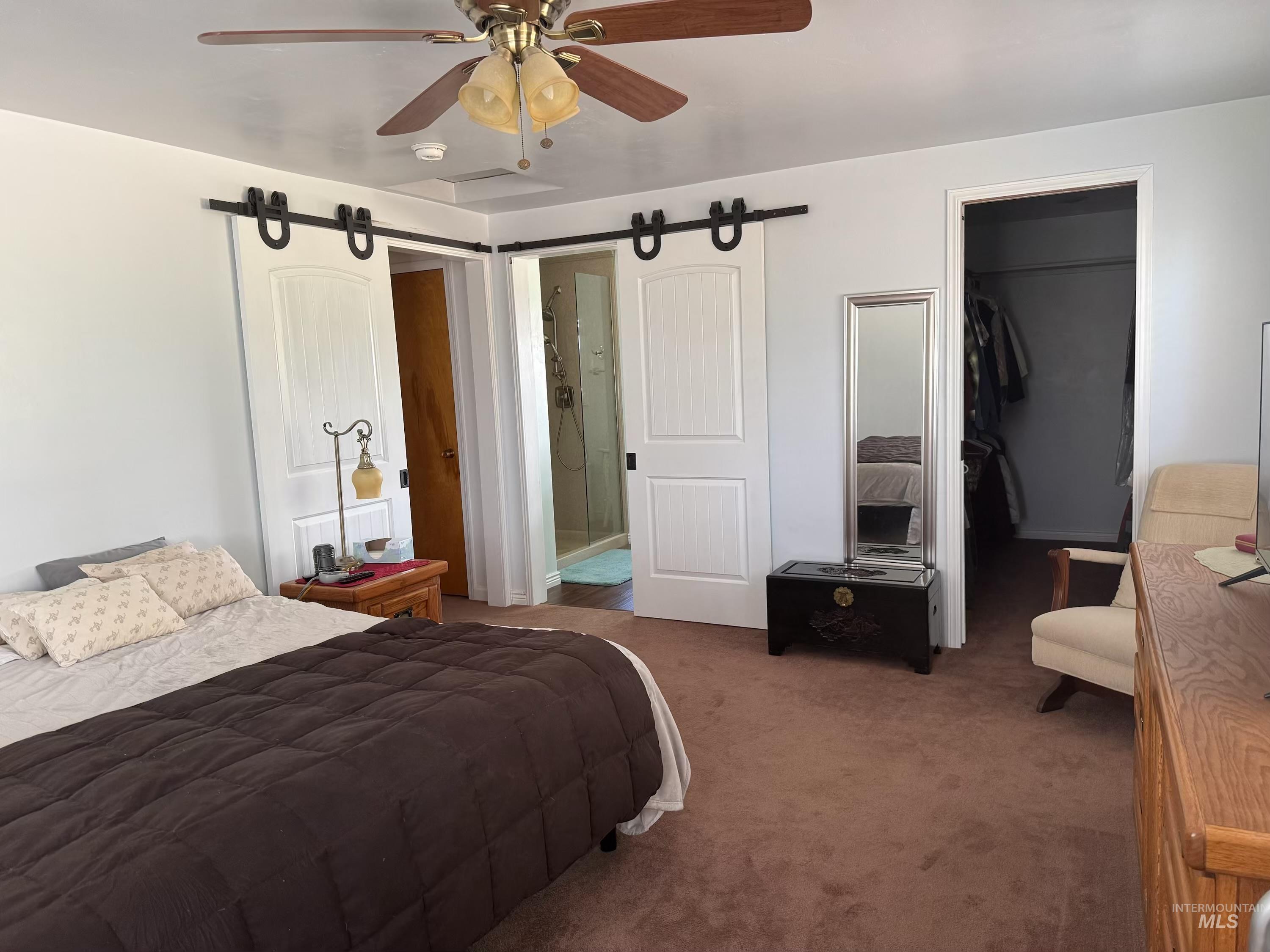 643 South Main Street Cascade, ID 83611 - Photo 21 of 38 Bedroom with a barn door, a spacious closet, carpet flooring, and a ceiling fan
