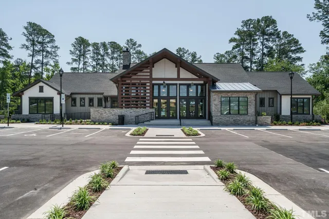 a garden view with a seating space