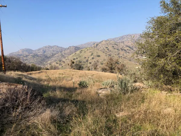 a view of a dry yard with mountains in the background