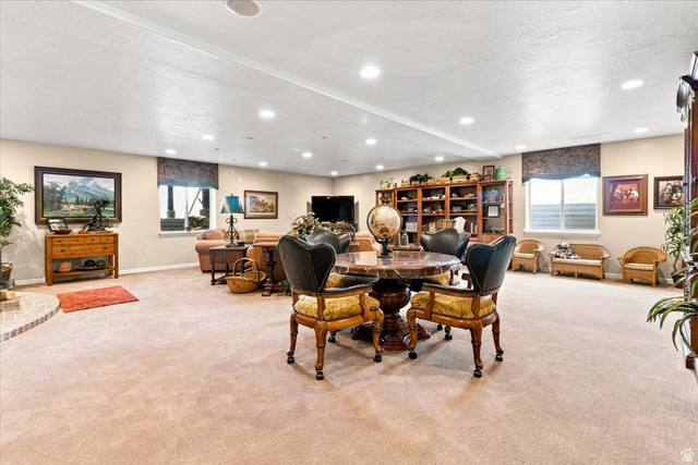 11290 South Southfield Road Mayfield, UT 84643 - Photo 75 of 103 Recessed lighting illuminates this expansive space featuring neutral carpeting, a built-in wooden bookcase, and natural light from multiple windows