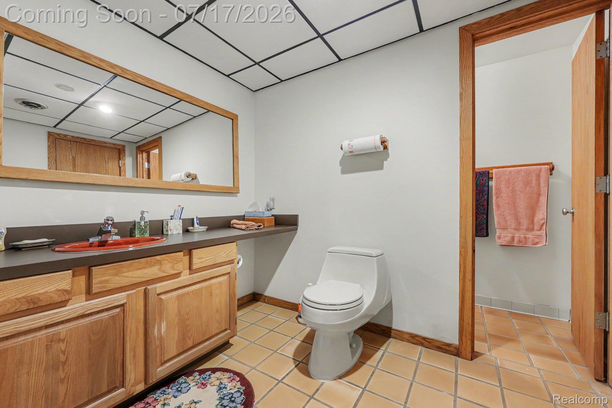 5685 Paint Valley Drive Rochester, MI 48306 - Photo 33 of 66 Bathroom featuring a wood-finish vanity with a dark countertop and red vessel sink, a large wood-framed mirror, neutral wall paint, and terracotta-toned floor tiles