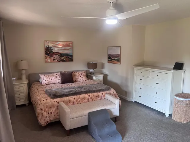 a bedroom with a bed and a cabinets