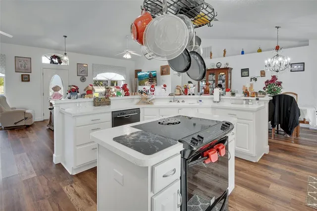 a view of kitchen and living room with wooden floor