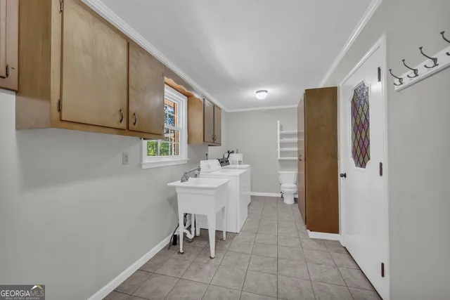 a view of a water with building in the background