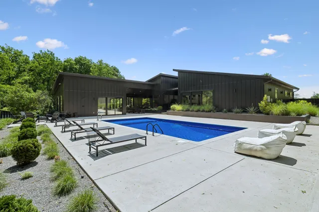 a garden view with a seating space