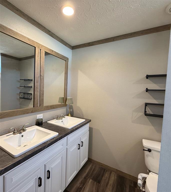4937 Stuart Road Denton, TX 76207 - Photo 5 of 19 a bathroom with a granite countertop sink a toilet and a mirror