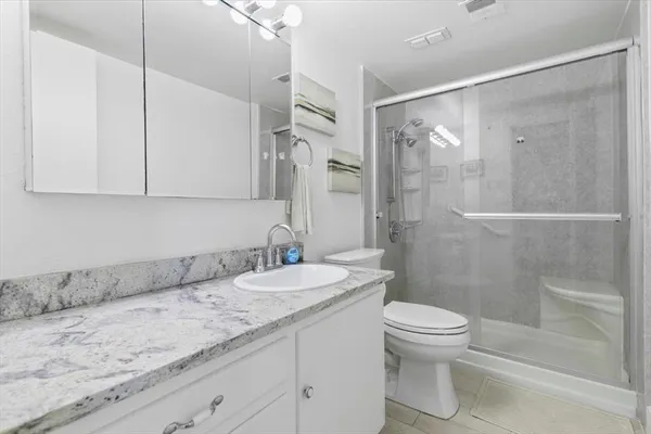 a bathroom with a granite countertop sink toilet and shower