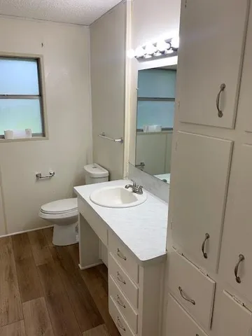 a bathroom with a sink a toilet and mirror