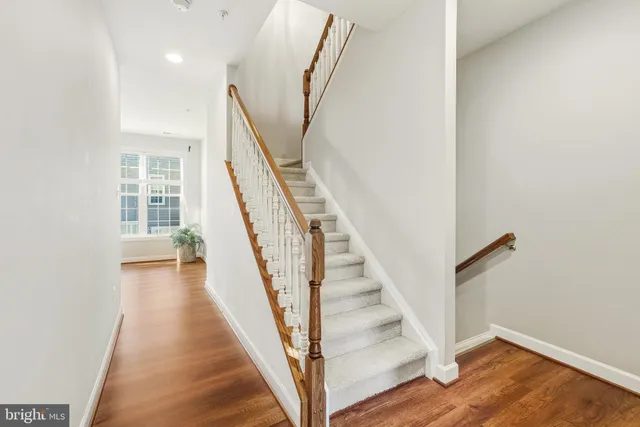 a view of staircase with wooden floor and a potted plant