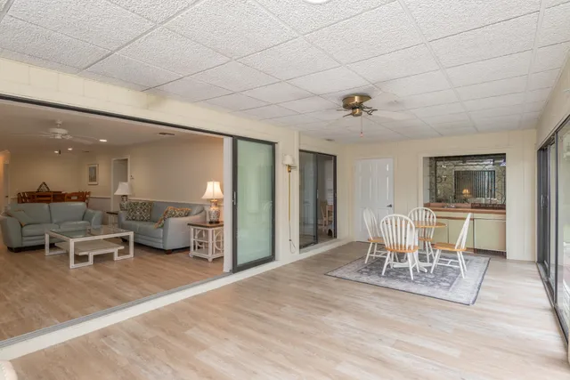a view of a dining room with furniture