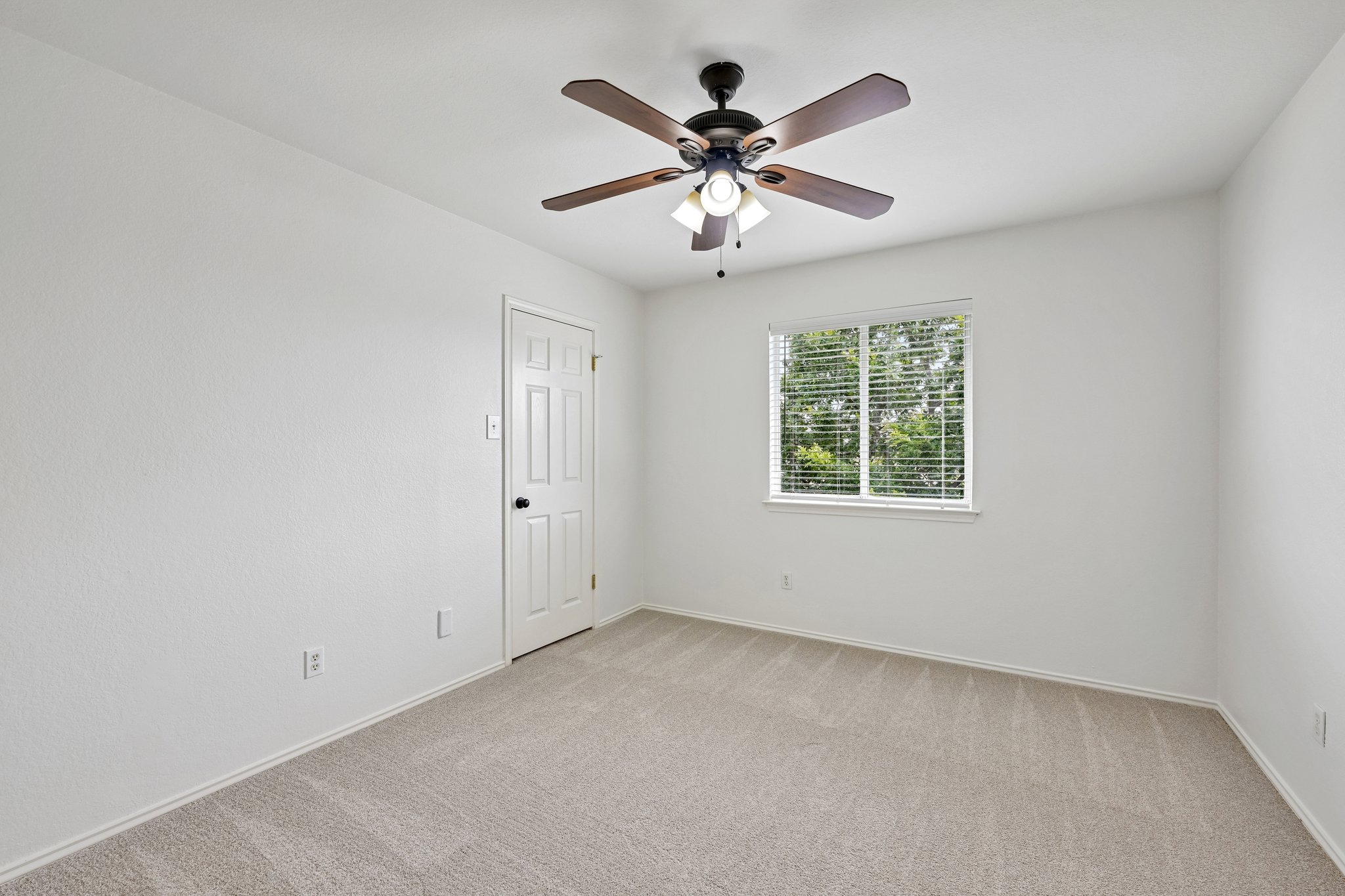 4100 Mocha Trail Austin, TX 78728 - Photo 21 of 33 A well-lit bedroom features a ceiling fan, plush carpeting, and a view of natural greenery.
