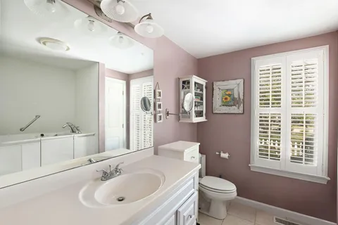 a bathroom with a sink a toilet and a mirror