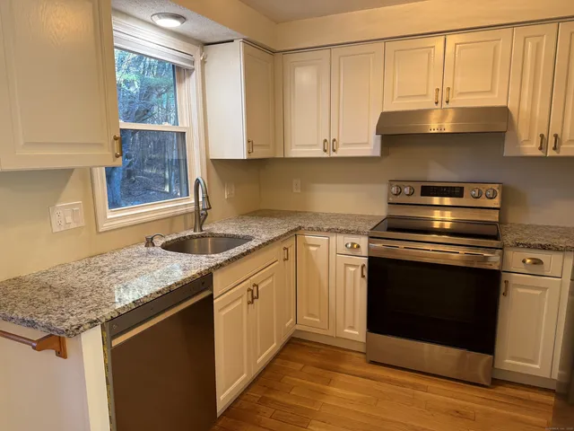 a kitchen with granite countertop a sink cabinets stainless steel appliances and a window