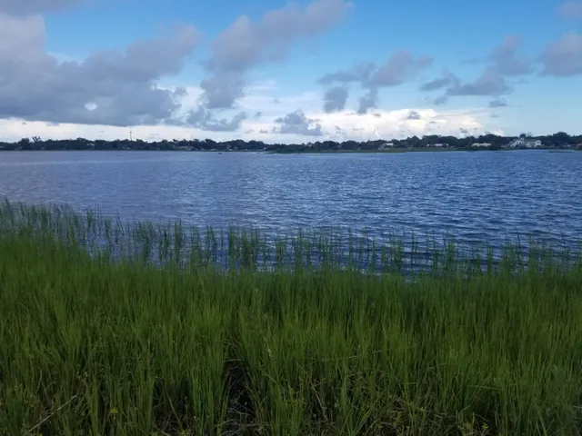 a view of a lake with a big yard