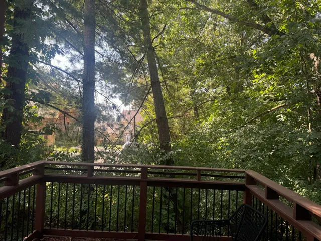 a view of a balcony with trees