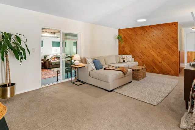 a living room with furniture and a potted plant