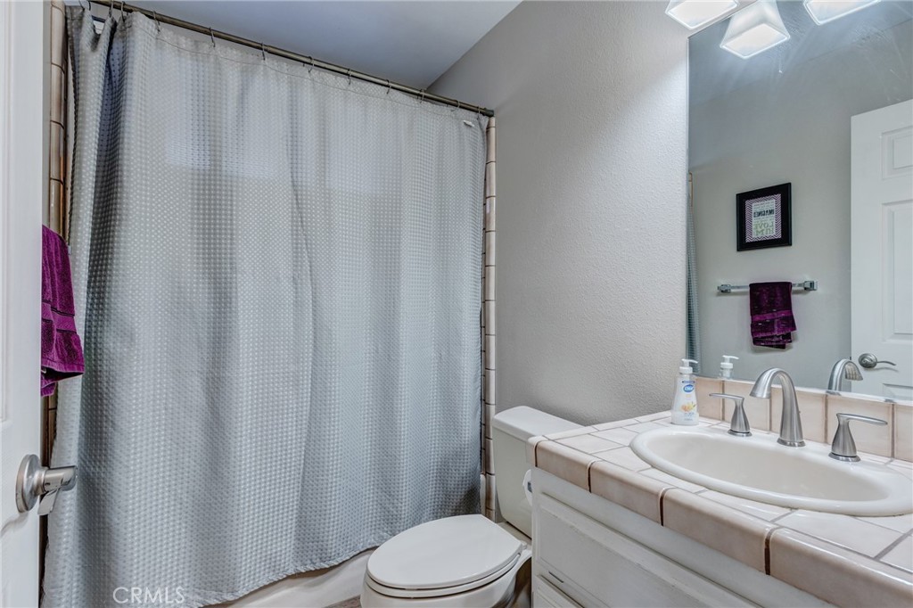 10163 Ponderosa Road Pinon Hills, CA 92372 - Photo 15 of 35 a bathroom with a sink a toilet a mirror and shower curtain