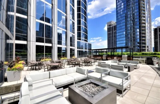 a building outdoor space with patio furniture