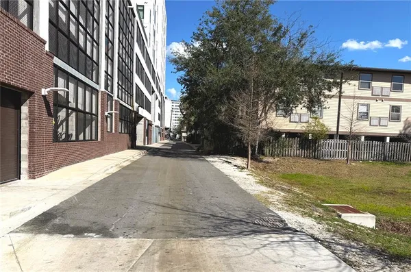 a view of a building with sitting area
