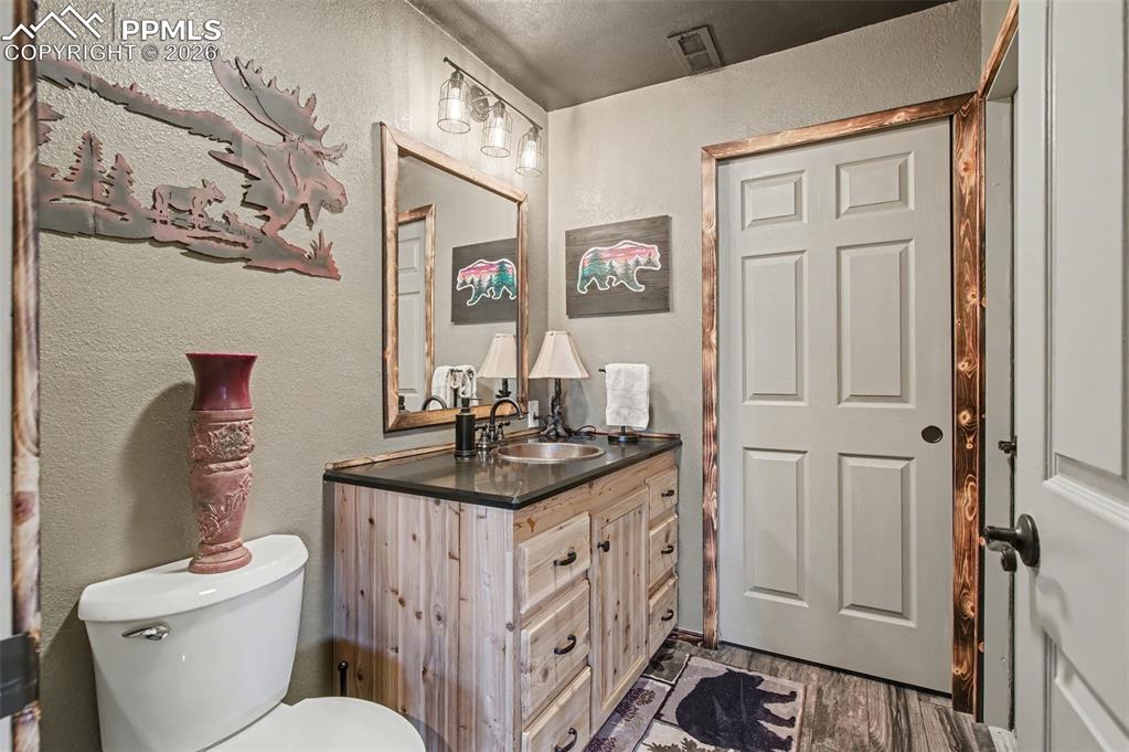 1375 Blueberry Hills Road Monument, CO 80132 - Photo 46 of 50 a bathroom with a granite countertop toilet sink and mirror