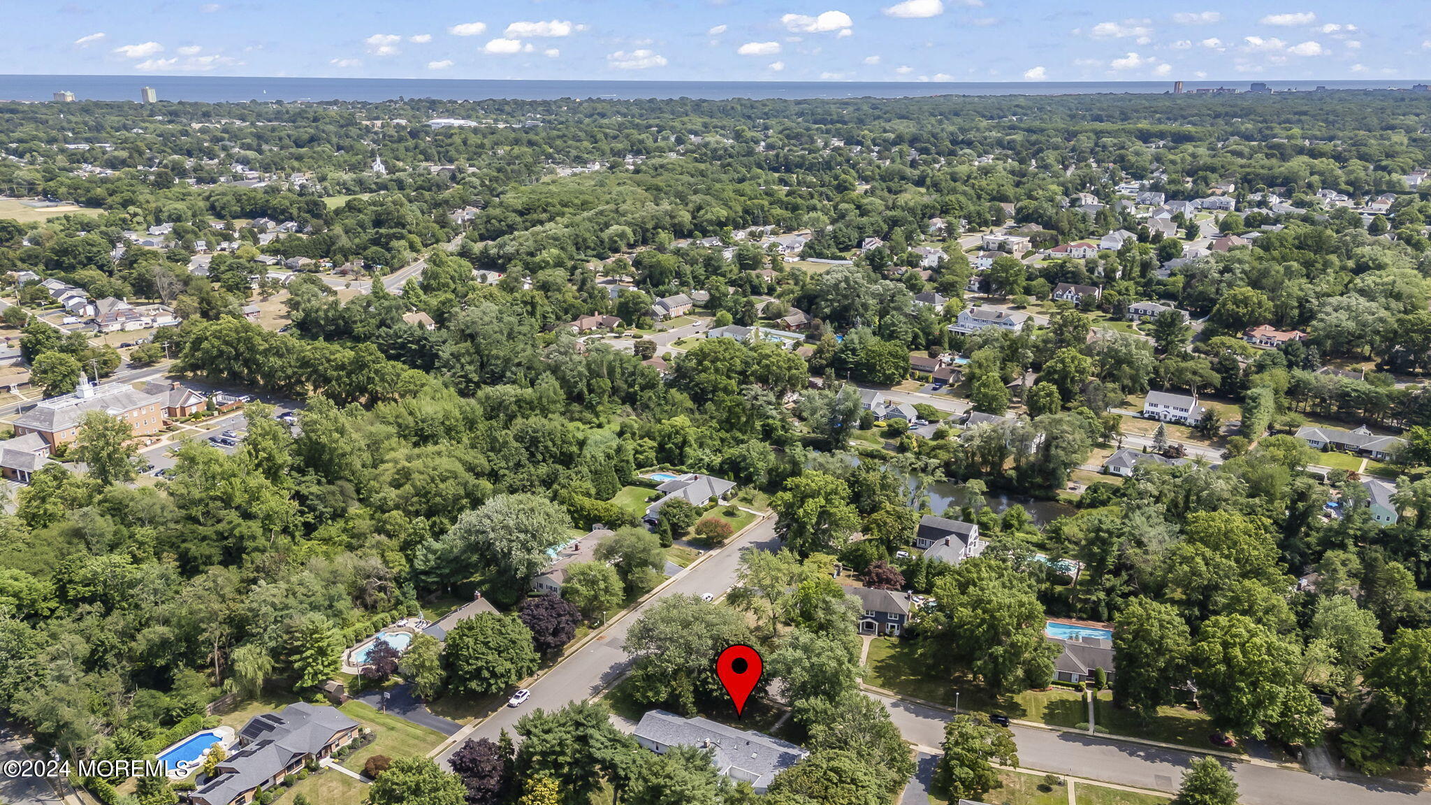 an aerial view of a and trees