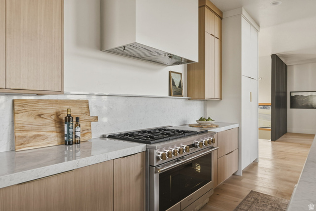 923 North Emery Lane Elk Ridge, UT 84651 - Photo 16 of 101 Stainless steel range with gold-toned hardware under a contemporary range hood