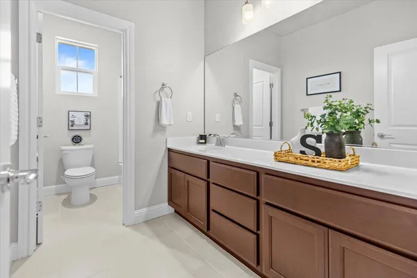 a bathroom with a sink a toilet and mirror