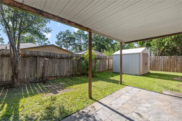 a garden view with a seating space