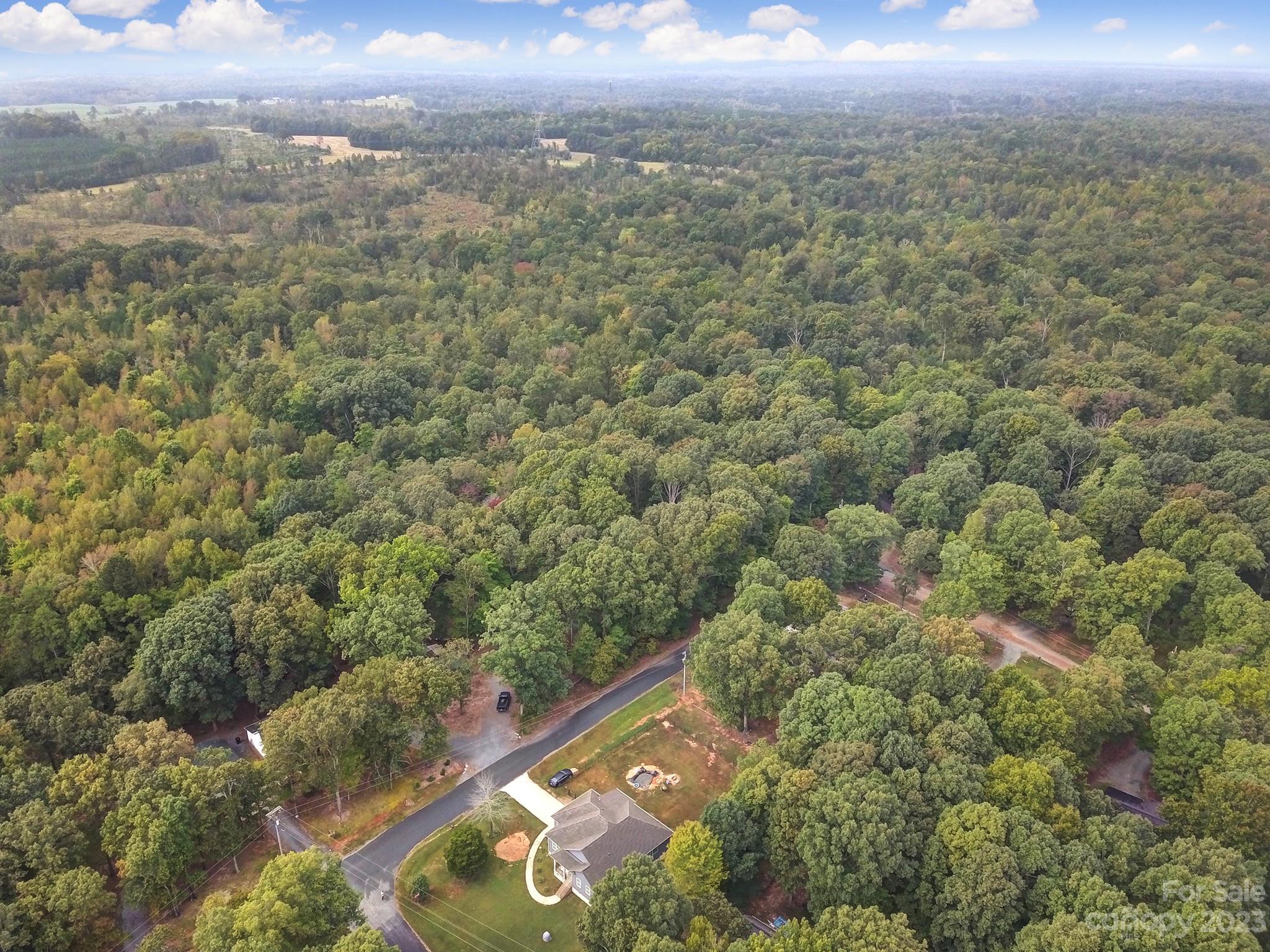 an aerial view of residential houses with outdoor space and trees