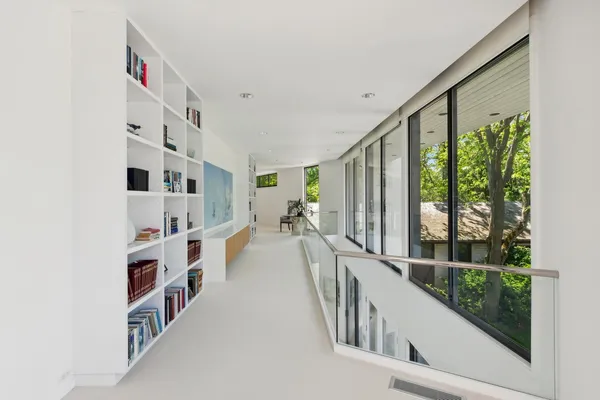 a view of a hallway with workspace