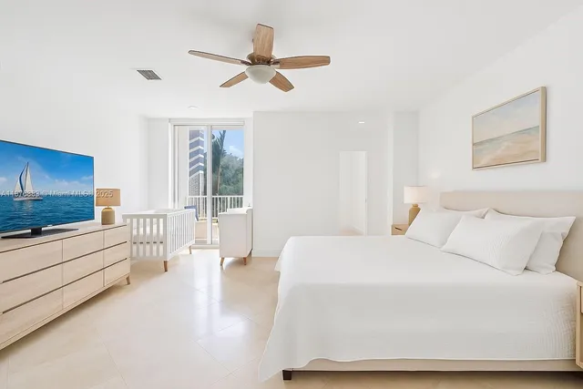 a bedroom with a large bed and a flat screen tv