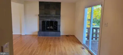 a view of a hallway with wooden floor and a fireplace