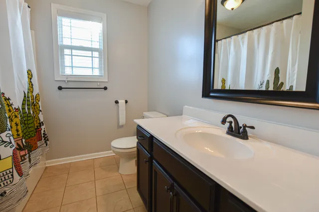 a bathroom with a sink a toilet and mirror