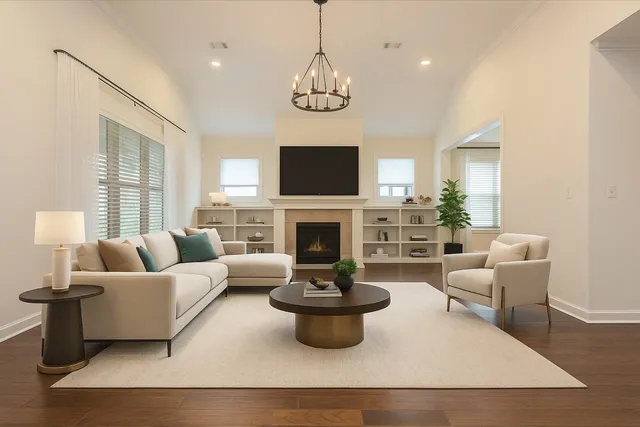 a living room with furniture a fireplace and a flat screen tv